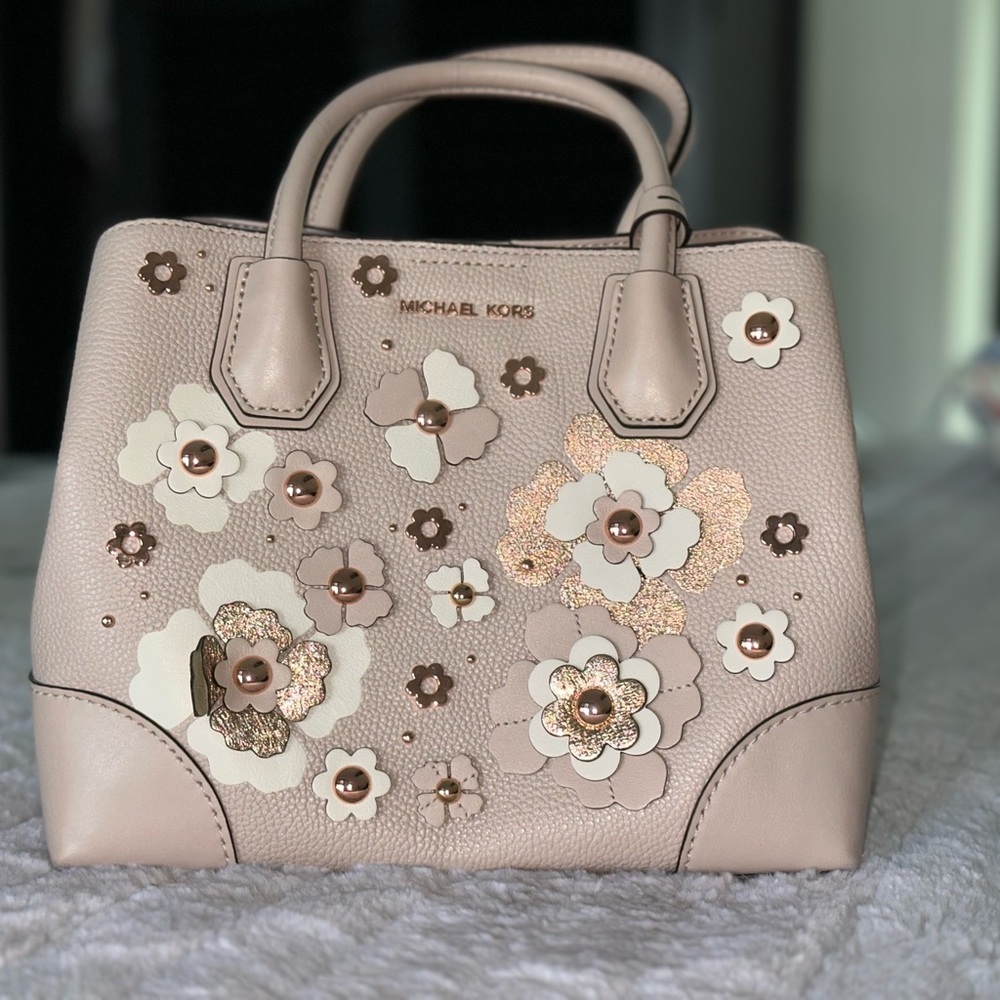 Michael Kors Cream Satchel with Floral Embellishments